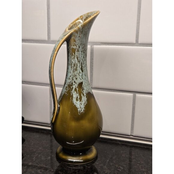 Vintage USA Drip Glaze Pottery Ewer Vase Olive Green Aqua MCM 9” Pitcher - Picture 3 of 9